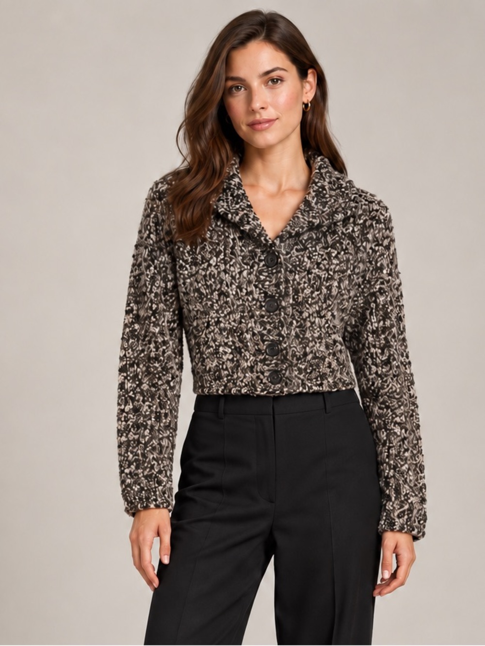 Title: Peter Carol Cropped Boucle Cardigan S/M Neutral Marled Knit Made in USA.